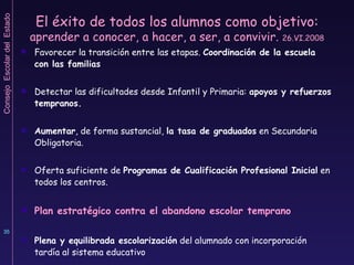 El éxito de todos los alumnos como objetivo:  aprender a conocer, a hacer, a ser, a convivir.  26.VI.2008 Favorecer la transición entre las etapas.  Coordinación de la escuela con las familias Detectar las dificultades desde Infantil y Primaria:  apoyos y refuerzos tempranos. Aumentar , de forma sustancial,  la tasa de graduados  en Secundaria Obligatoria. Oferta suficiente de  Programas de Cualificación Profesional Inicial  en todos los centros.  Plan estratégico contra el abandono escolar temprano Plena y equilibrada escolarización  del alumnado con incorporación tardía al sistema educativo 