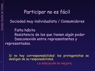 Participar no es fácil Si no hay corresponsabilidad: los protagonistas se desligan de su responsabilidad.  La educación no mejora . Sociedad muy individualista / Consumidores  Falta hábito Resistencia de los que tienen algún poder Desconexión entre representantes y  representados. 