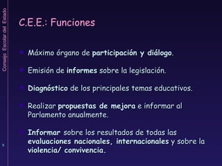 C.E.E.: Funciones Máximo órgano de  participación y diálogo . Emisión de  informes  sobre la legislación. Diagnóstico  de los principales temas educativos. Realizar  propuestas de mejora  e informar al Parlamento anualmente. Informar  sobre los resultados de todas las  evaluaciones nacionales, internacionales  y sobre la  violencia/ convivencia. 