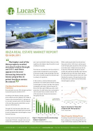 IBIZa Real Estate Market Report
Q3 & Q4, 2011

“   The higher end of the
Ibiza property market
                                                        year-round comfortable climate, leisure activities,
                                                        nightlife and the Balearic Island’s excellent record
                                                        of safety and security.
                                                                                                               While overall property sales have slowed since
                                                                                                               their peak in 2006 / 2007, there is still strong de-
                                                                                                               mand for high quality properties at the exclusive
remained stable through-                                                                                       end of the market. Global internet searches for
out 2011 and there                                      These factors contributed to the Q3 and Q4 2011        luxury Ibiza villas peaked during the summer

appears to be ever                                      upward trend in demand for luxury properties           months and maintained a healthy rate of interest
                                                        as investors sought to take advantage of the fact      throughout the rest of the year. Search queries
increasing interest in                                  that owners of quality properties remained open        for more general Ibiza property were much lower.
luxury properties in                                    to a degree of negotiation.                            Globally, the majority of foreign-based searches

prime locations across                                                                                         for Ibiza villas were made from the Netherlands,



                  ’’
                                                        In the market as a whole, individual months            United Kingdom and Italy.
the island                                              presented a more mixed picture with the number
                                                        of sales highest in January and May. The majority
The Ibiza Real Estate Market:                           of properties sold were in urban areas such as
Summary                                                 Eivissa, the Ibiza capital. Making up only a small
Ibiza real estate was one of the strongest perform-     proportion of overall transactions, rural property
ing Spanish property markets of 2011.                   sales remained fairly consistent at about 12%
                                                        of the total amount of property transactions
According to the statistics, the dip in average         throughout the year.
prices evident up to the middle of 2011 began to
reverse in the second half of 2011, with signs of
an increase in property value in the final quarter
of the year. Ibiza property ended Q4 at an aver-
age price of €3,026 per m2.
                                                                                                               Figure 2: Searches for “Ibiza villa”
Through 2011 the best luxury Ibiza villas were                                                                 compared with “Ibiza property”
keenly sought after by foreign buyers, particular-                                                             Source: Google Trends
ly from the Netherlands, United Kingdom, France,
Italy and Germany.
                                                                                                               Ibiza Property Asking Prices
Growing tourism arrivals throughout the year –        Figure 1: Property transfers (merchanting)               According to Spanish internet property portal,
surpassing 2010 levels - brought a new wave of        – Balearic Islands 2011                                  Kyero, asking prices in Ibiza dropped from an av-
interest from potential buyers drawn to Ibiza’s       Source: National Institute of Statistics (ine.es)        erage of €755,000 per property to €687,000. This
 