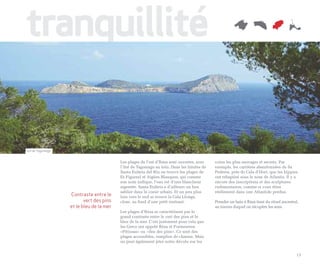 tranquillité

Ilot de Tagomago


                                          Les plages de l’est d’Ibiza sont ouvertes, avec   coins les plus sauvages et secrets. Par
                                          l’ilot de Tagomago au loin. Dans les limites de   exemple, les carrières abandonnées de Sa
                                          Santa Eulària del Riu on trouve les plages de     Pedrera, près de Cala d’Hort, que les hippies
                                          Es Figueral et Aigües Blanques, qui comme         ont rebaptisé sous le nom de Atlantis. Il y a
                                          son nom indique, l’eau est d’une blancheur        encore des inscriptions et des sculptures
                                          argentée. Santa Eulària a d’ailleurs un bon       rudimentaires, comme si vous étiez
                                          sablier dans le coeur urbain. Et un peu plus      réellement dans une Atlantide perdue.
                   Contraste entre le     loin vers le sud se trouve la Cala Llonga,
                          vert des pins   close, au fond d’une petit rentrant.              Prendre un bain à Ibiza tient du rituel ancestral,
                   et le bleu de la mer                                                     au travers duquel on récupère les sens.
                                          Les plages d’Ibiza se caractérisent par le
                                          grand contraste entre le vert des pins et le
                                          bleu de la mer. C’est justement pour cela que
                                          les Grecs ont appelé Ibiza et Formentera
                                          «Pitiusas» ou «îles des pins». Ce sont des
                                          plages accessibles, remplies de charme. Mais
                                          on peut également jeter notre dévolu sur les


                                                                                                                                            13
 