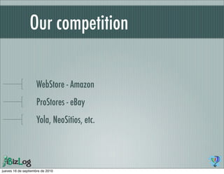 Our competition

                    WebStore - Amazon
                    ProStores - eBay
                    Yola, NeoSitios, etc.




jueves 16 de septiembre de 2010
 
