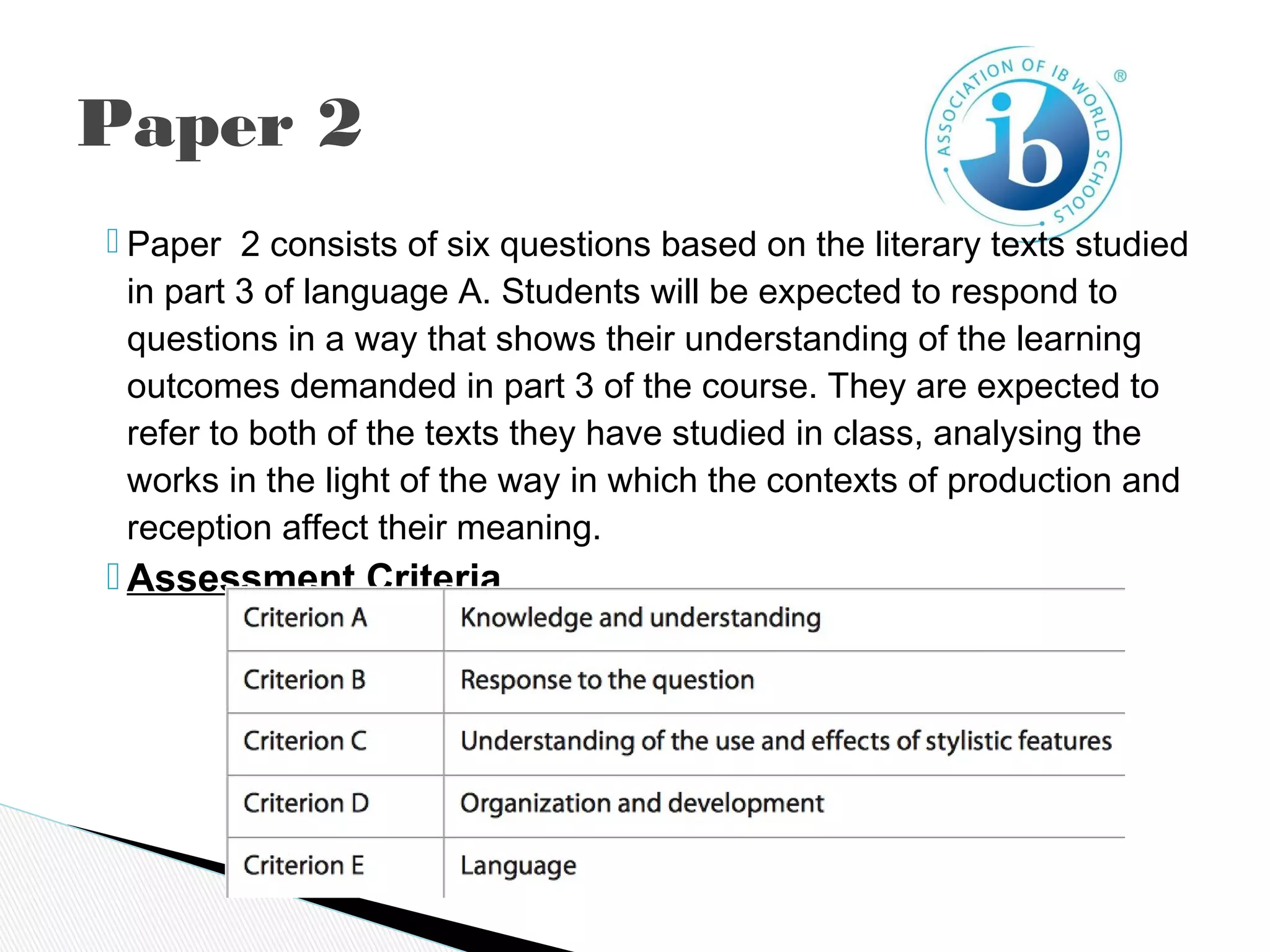 Paper 2
 Paper 2 consists of six questions based on the literary texts studied
in part 3 of language A. Students will be expected to respond to
questions in a way that shows their understanding of the learning
outcomes demanded in part 3 of the course. They are expected to
refer to both of the texts they have studied in class, analysing the
works in the light of the way in which the contexts of production and
reception affect their meaning.
 Assessment Criteria
 