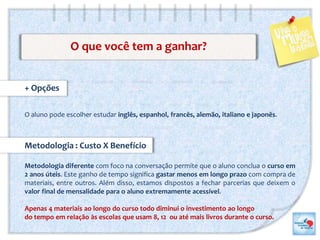 O que você tem a ganhar?
+ Opções
O aluno pode escolher estudar inglês, espanhol, francês, alemão, italiano e japonês.
Metodologia : Custo X Benefício
Metodologia diferente com foco na conversação permite que o aluno conclua o curso em
2 anos úteis. Este ganho de tempo significa gastar menos em longo prazo com compra de
materiais, entre outros. Além disso, estamos dispostos a fechar parcerias que deixem o
valor final de mensalidade para o aluno extremamente acessível.
Apenas 4 materiais ao longo do curso todo diminui o investimento ao longo
do tempo em relação às escolas que usam 8, 12 ou até mais livros durante o curso.
 