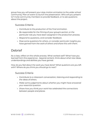 group how you will present your stop-motion animation to the wider school
community. Plan an event to launch the presentation. Who will you present
to? Invite community members to provide feedback, or to ask questions
about the project.
Success Criteria
• Contribute to the production of the ﬁnal animation.
• Be responsible for the ﬁlming of your group's section, or the
particular role you have been assigned in the production process.
• Respond to questions, and consider feedback.
• Pose some questions for others, or consider particular insights you
have gained from the work of others and share this with them.
Debrief
As a class, reﬂect on the whole process. What worked well? What have you
learned from this experience - beyond content, think about what new ideas,
understandings and abilities you have gained.
How do you feel about the work you have done? What questions are you left
with? Where do you think you should go to next?
Success Criteria
• Contribute to a classroom conversation, listening and responding to
the ideas of others.
• Make some judgements about whether you might have answered
your essential question.
• Share how you think your work has celebrated the connections
between people and places.
© 2019 Wabisabi Learning
 