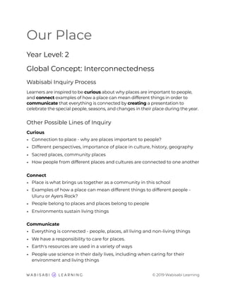 Our Place
Year Level: 2
Global Concept: Interconnectedness
Wabisabi Inquiry Process
Learners are inspired to be curious about why places are important to people,
and connect examples of how a place can mean different things in order to
communicate that everything is connected by creating a presentation to
celebrate the special people, seasons, and changes in their place during the year.
Other Possible Lines of Inquiry
Curious
• Connection to place - why are places important to people?
• Different perspectives, importance of place in culture, history, geography
• Sacred places, community places
• How people from different places and cultures are connected to one another
Connect
• Place is what brings us together as a community in this school
• Examples of how a place can mean different things to different people -
Uluru or Ayers Rock?
• People belong to places and places belong to people
• Environments sustain living things
Communicate
• Everything is connected - people, places, all living and non-living things
• We have a responsibility to care for places.
• Earth's resources are used in a variety of ways
• People use science in their daily lives, including when caring for their
environment and living things
© 2019 Wabisabi Learning
 