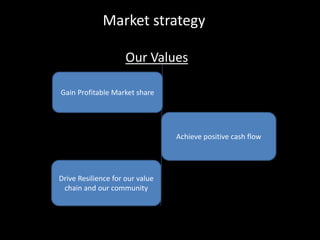Market strategy
Gain Profitable Market share
Achieve positive cash flow
Drive Resilience for our value
chain and our community
Our Values
 