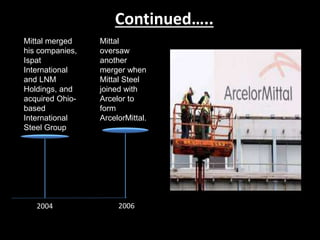 Mittal merged
his companies,
Ispat
International
and LNM
Holdings, and
acquired Ohio-
based
International
Steel Group
Mittal
oversaw
another
merger when
Mittal Steel
joined with
Arcelor to
form
ArcelorMittal.
Continued…..
2004 2006
 