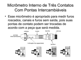 Micrômetro Interno de Três Contatos
Com Pontas Intercambiáveis
• Esse micrômetro é apropriado para medir furos
roscados, canais e furos sem saída, pois suas
pontas de contato podem ser trocadas de
acordo com a peça que será medida.
 