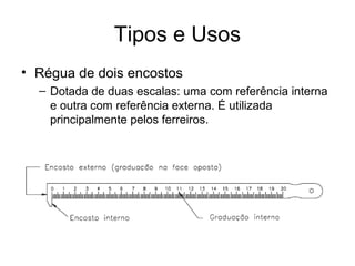 Tipos e Usos
• Régua de dois encostos
– Dotada de duas escalas: uma com referência interna
e outra com referência externa. É utilizada
principalmente pelos ferreiros.
 