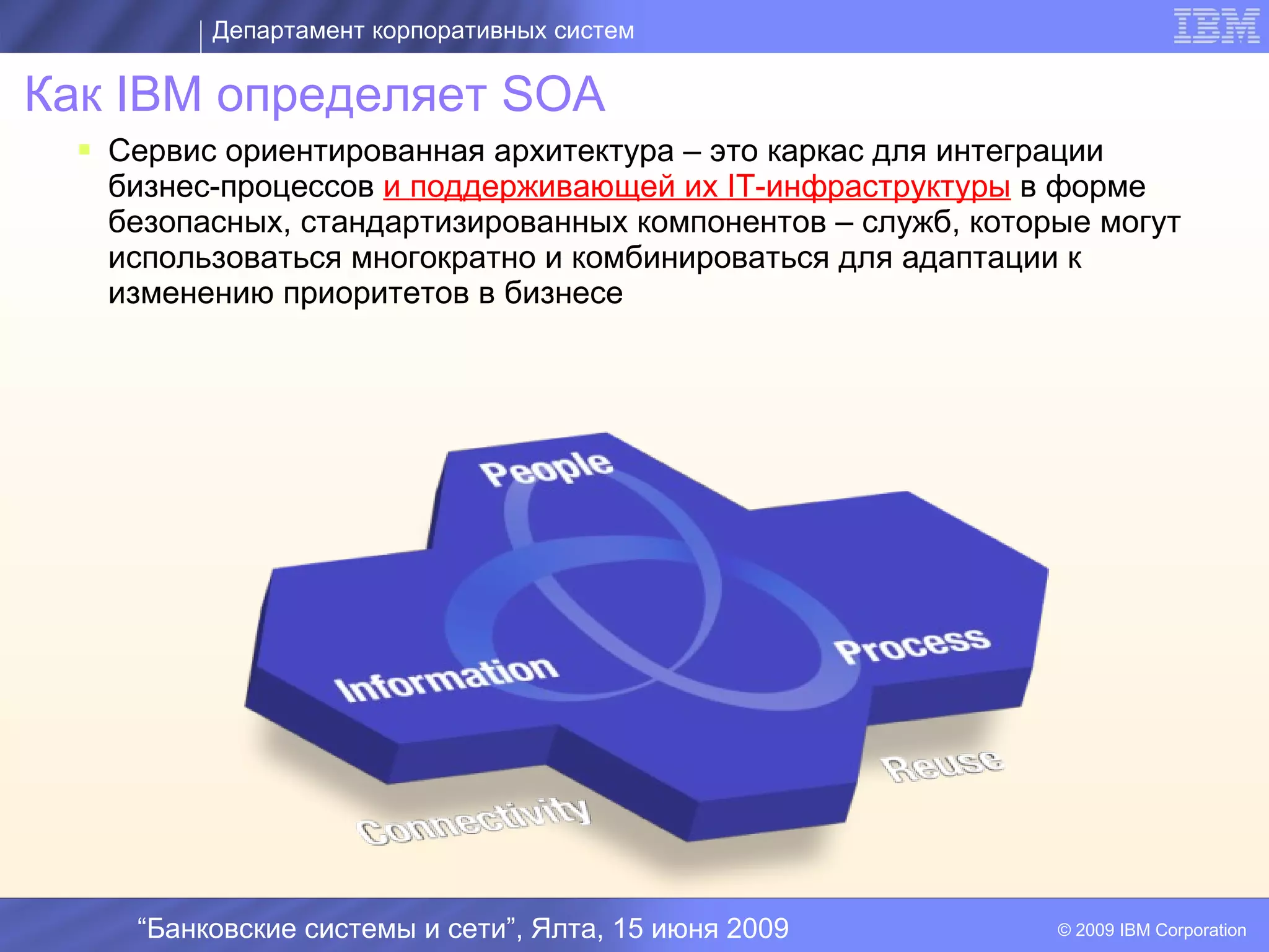 Департамент корпоративных систем

Как IBM определяет SOA
  Сервис ориентированная архитектура – это каркас для интеграции
   бизнес-процессов и поддерживающей их IT-инфраструктуры в форме
   безопасных, стандартизированных компонентов – служб, которые могут
   использоваться многократно и комбинироваться для адаптации к
   изменению приоритетов в бизнесе




                                        I




    “Банковские системы и сети”, Ялта, 15 июня 2009           © 2009 IBM Corporation
 