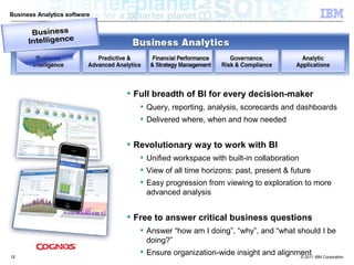 Business Analytics software




                              • Full breadth of BI for every decision-maker
                                 • Query, reporting, analysis, scorecards and dashboards
                                 • Delivered where, when and how needed

                              • Revolutionary way to work with BI
                                 • Unified workspace with built-in collaboration
                                 • View of all time horizons: past, present & future
                                 • Easy progression from viewing to exploration to more
                                  advanced analysis


                              • Free to answer critical business questions
                                 • Answer “how am I doing”, “why”, and “what should I be
                                  doing?”
12
                                 • Ensure organization-wide insight and alignment IBM Corporation
                                                                              © 2011
 