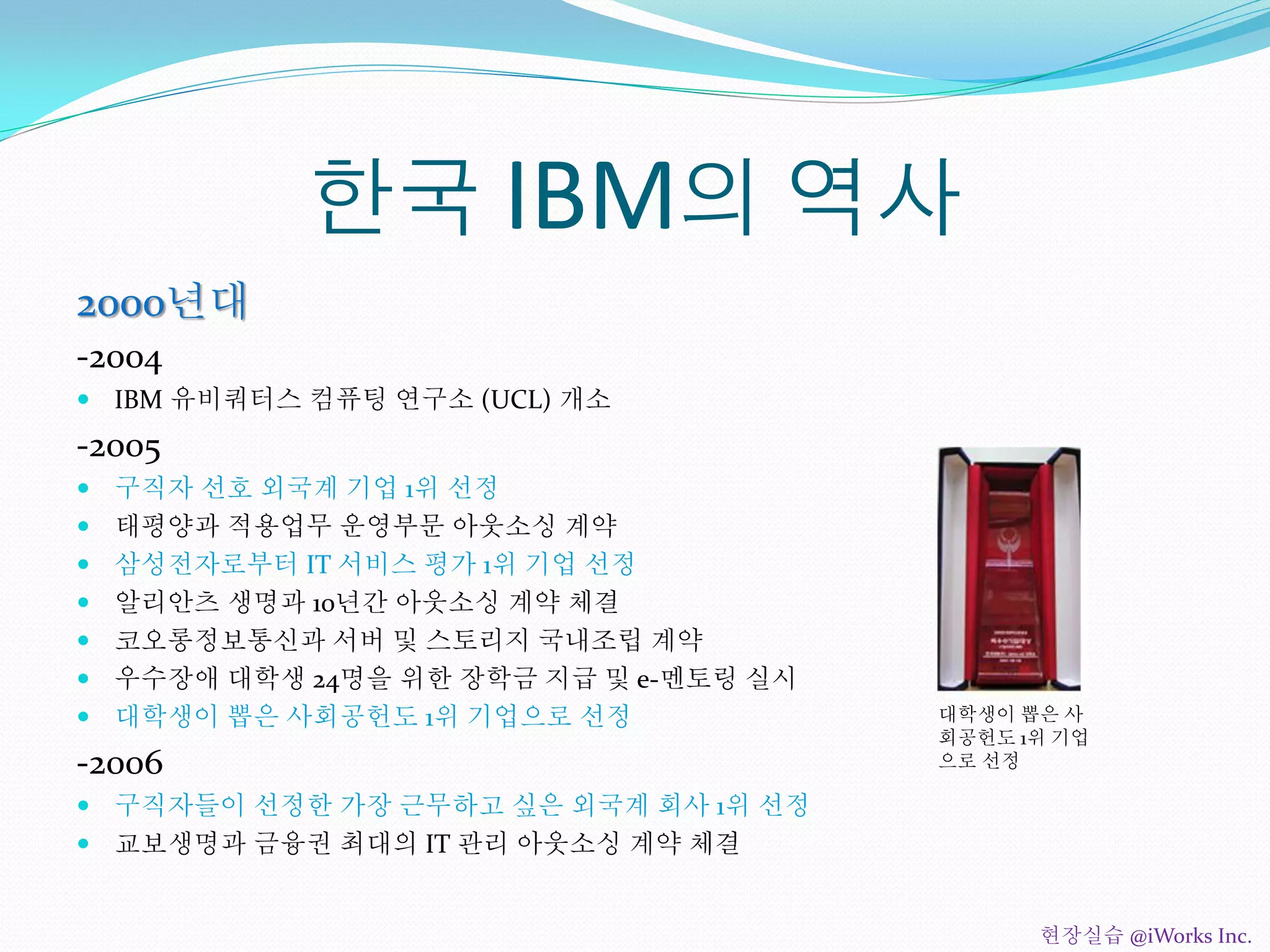 한국 IBM의 역사
2000년대
-2004
 IBM 유비쿼터스 컴퓨팅 연구소 (UCL) 개소
-2005
 구직자 선호 외국계 기업 1위 선정
 태평양과 적용업무 운영부문 아웃소싱 계약
 삼성전자로부터 IT 서비스 평가 1위 기업 선정
 알리안츠 생명과 10년간 아웃소싱 계약 체결
 코오롱정보통신과 서버 및 스토리지 국내조립 계약
 우수장애 대학생 24명을 위한 장학금 지급 및 e-멘토링 실시
 대학생이 뽑은 사회공헌도 1위 기업으로 선정
-2006
 구직자들이 선정한 가장 근무하고 싶은 외국계 회사 1위 선정
 교보생명과 금융권 최대의 IT 관리 아웃소싱 계약 체결
대학생이 뽑은 사
회공헌도 1위 기업
으로 선정
현장실습 @iWorks Inc.
 