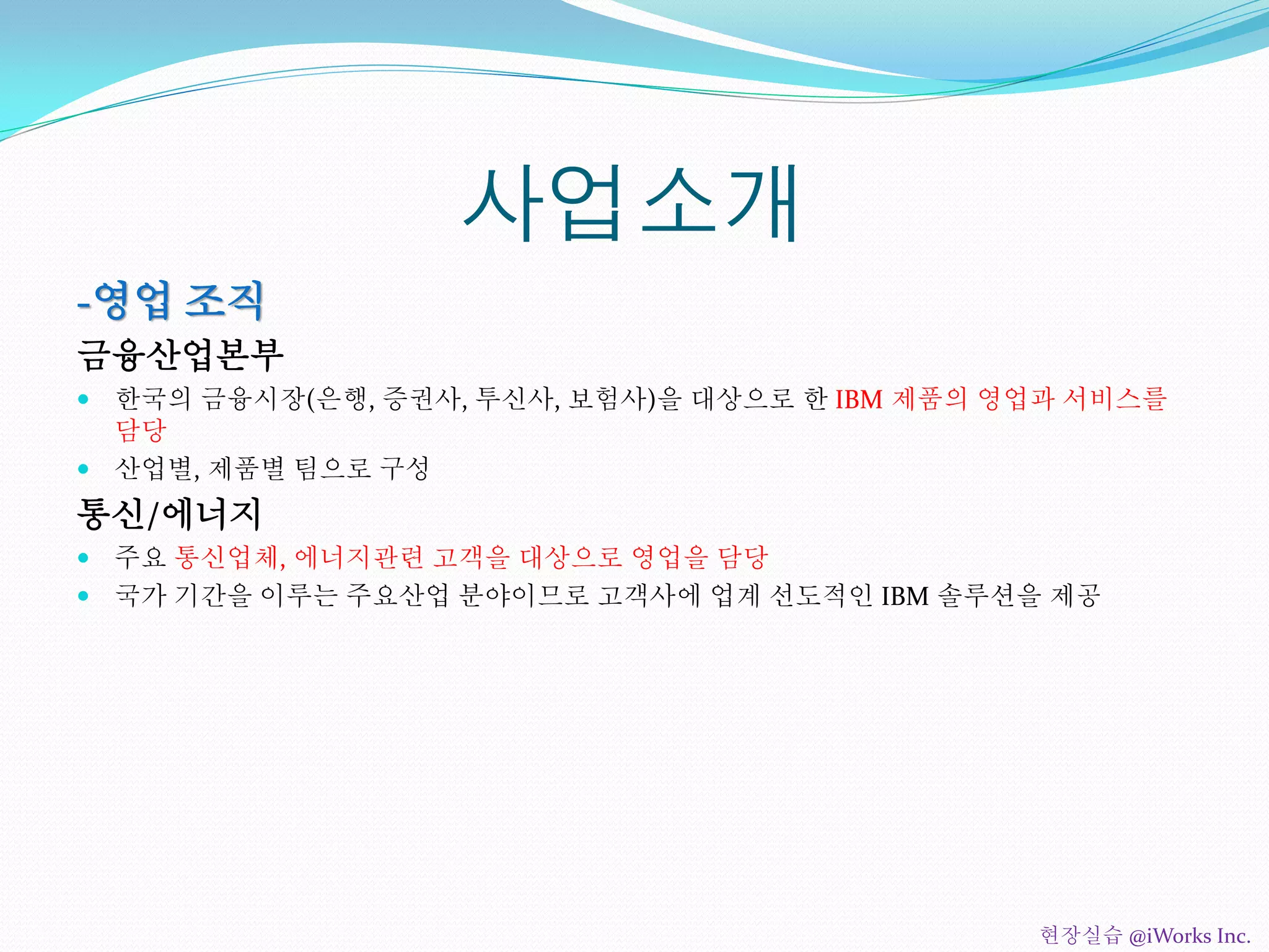 사업소개
-영업 조직
금융산업본부
 한국의 금융시장(은행, 증권사, 투신사, 보험사)을 대상으로 한 IBM 제품의 영업과 서비스를
담당
 산업별, 제품별 팀으로 구성
통신/에너지
 주요 통신업체, 에너지관련 고객을 대상으로 영업을 담당
 국가 기간을 이루는 주요산업 분야이므로 고객사에 업계 선도적인 IBM 솔루션을 제공
현장실습 @iWorks Inc.
 