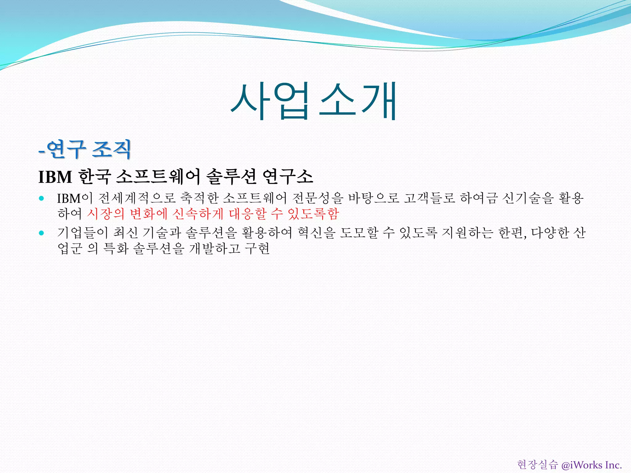 사업소개
-연구 조직
IBM 한국 소프트웨어 솔루션 연구소
 IBM이 전세계적으로 축적한 소프트웨어 전문성을 바탕으로 고객들로 하여금 신기술을 활용
하여 시장의 변화에 신속하게 대응할 수 있도록함
 기업들이 최신 기술과 솔루션을 활용하여 혁신을 도모할 수 있도록 지원하는 한편, 다양한 산
업군 의 특화 솔루션을 개발하고 구현
현장실습 @iWorks Inc.
 