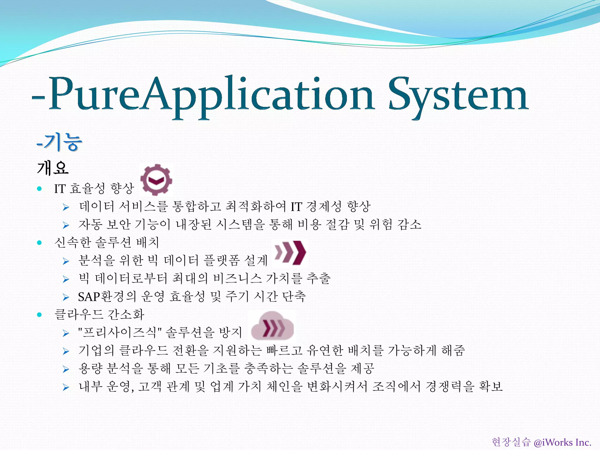 -기능
개요
 IT 효율성 향상
 데이터 서비스를 통합하고 최적화하여 IT 경제성 향상
 자동 보안 기능이 내장된 시스템을 통해 비용 절감 및 위험 감소
 신속한 솔루션 배치
 분석을 위한 빅 데이터 플랫폼 설계
 빅 데이터로부터 최대의 비즈니스 가치를 추출
 SAP환경의 운영 효율성 및 주기 시간 단축
 클라우드 간소화
 "프리사이즈식" 솔루션을 방지
 기업의 클라우드 전환을 지원하는 빠르고 유연한 배치를 가능하게 해줌
 용량 분석을 통해 모든 기초를 충족하는 솔루션을 제공
 내부 운영, 고객 관계 및 업계 가치 체인을 변화시켜서 조직에서 경쟁력을 확보
현장실습 @iWorks Inc.
 