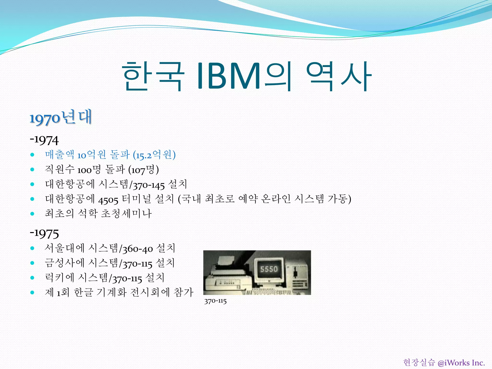 한국 IBM의 역사
1970년대
-1974
 매출액 10억원 돌파 (15.2억원)
 직원수 100명 돌파 (107명)
 대한항공에 시스템/370-145 설치
 대한항공에 4505 터미널 설치 (국내 최초로 예약 온라인 시스템 가동)
 최초의 석학 초청세미나
-1975
 서울대에 시스템/360-40 설치
 금성사에 시스템/370-115 설치
 럭키에 시스템/370-115 설치
 제 1회 한글 기계화 전시회에 참가
370-115
현장실습 @iWorks Inc.
 