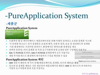 -제품군
PureApplication System
 트랜잭션 웹 및 데이터베이스 애플리케이션을 위해 특별히 설계되고 조정된 플랫폼 시스템
 이 유연한 워크로드 인식 플랫폼은 손쉽게 배치, 사용자 정의, 보호 및 관리...