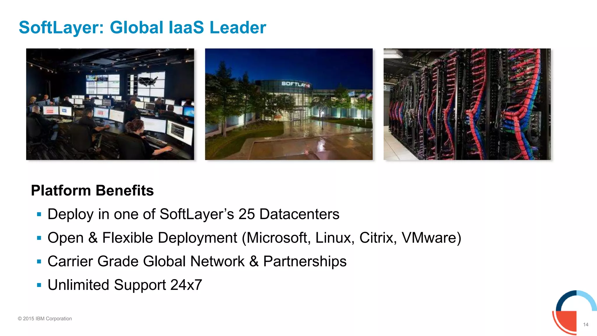 14
© 2015 IBM Corporation
SoftLayer: Global IaaS Leader
Platform Benefits
 Deploy in one of SoftLayer’s 25 Datacenters
 Open & Flexible Deployment (Microsoft, Linux, Citrix, VMware)
 Carrier Grade Global Network & Partnerships
 Unlimited Support 24x7
 