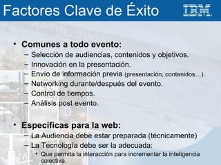 Comunes a todo evento: Selección de audiencias, contenidos y objetivos. Innovación en la presentación. Envío de información previa  (presentación, contenidos…). Networking durante/después del evento. Control de tiempos. Análisis post evento. Específicas para la web: La Audiencia debe estar preparada (técnicamente) La Tecnología debe ser la adecuada:  Que permita la interacción para incrementar la inteligencia colectiva.  Factores Clave de Éxito 