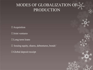 MODES OF GLOBALIZATION OF
PRODUCTION
🞇 Acquisition
🞇 Joint ventures
🞇 Long term loans
🞇 Issuing equity, shares, debentures, bonds’
🞇 Global deposit receipt
 