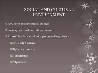 SOCIALAND CULTURAL
ENVIRONMENT
🞇 Food habits and International business
🞇 Dressing habits and International business
🞇 Cross-Cultural communication process and Negotiations
🞇Low-context cultures
🞇High-context culture
🞇Monochromic
🞇Polychromic
 