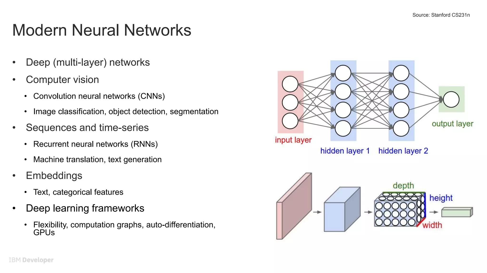 Modern Neural Networks
• Deep (multi-layer) networks
• Computer vision
• Convolution neural networks (CNNs)
• Image classification, object detection, segmentation
• Sequences and time-series
• Recurrent neural networks (RNNs)
• Machine translation, text generation
• Embeddings
• Text, categorical features
• Deep learning frameworks
• Flexibility, computation graphs, auto-differentiation,
GPUs
Source: Stanford CS231n
 
