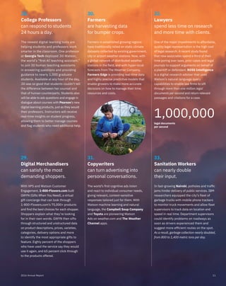 32.
Lawyers
spend less time on research
and more time with clients.
One of the major impediments to affordable,
quality legal representation is the high cost
of legal research. A recent study found
that new associates spend a third of their
time poring over laws, prior cases and legal
journals to support arguments on behalf of
a plaintiff or defendant. ROSS Intelligence
is a digital research adviser that uses
Watson’s natural language query
capabilities to enable law ﬁrms to sift
through more than one million legal
documents per second and return relevant
passages and citations for a case.
28.
College Professors
can respond to students
24 hours a day.
The newest digital learning tools are
helping students and professors work
smarter in the classroom. One professor
at Georgia Tech deployed Jill Watson,
the world’s “ﬁrst AI teaching assistant,”
to join 30 human teaching assistants
in answering questions and providing
guidance to nearly 1,000 graduate
students. Available at any hour of the day,
Jill was so good that students couldn’t tell
the difference between her counsel and
that of human counterparts. Students also
will be able to ask questions and engage in
dialogue about courses with Pearson’s new
digital learning products, just as they would
their professors. Instructors will receive
real-time insights on student progress,
allowing them to better manage courses
and flag students who need additional help.
1,000,000
legal documents
per second
29.
Digital Merchandisers
can satisfy the most
demanding shoppers.
With XPS and Watson Customer
Engagement, 1-800-Flowers.com built
GWYN (Gifts When You Need), a virtual
gift concierge that can look through
1-800-Flowers.com’s 75,000+ products
and find the best choices for each shopper.
Shoppers explain what they’re looking
for in their own words. GWYN then sifts
through structured and unstructured data
on product descriptions, prices, varieties,
categories, delivery options and more
to identify the most appropriate gifts to
feature. Eighty percent of the shoppers
who have used the service say they would
use it again, and 65 percent click through
to the products offered.
The world’s ﬁrst cognitive ads listen
and react to individual consumer needs,
giving relevant, context-sensitive
responses tailored just for them. With
Watson machine learning and natural
language, the Campbell Soup Company
and Toyota are pioneering Watson
Ads on weather.com and The Weather
Channel apps.
31.
Copywriters
can turn advertising into
personal conversations.
30.
Farmers
are harvesting data
for bumper crops.
Farmers in established growing regions
have traditionally relied on static climate
datasets collected by existing government,
city or airport weather stations. Now, with
a global network of distributed weather
stations in the ﬁeld, and with hyper-local
forecasts from The Weather Company,
Farmers Edge is providing real-time data
and highly precise predictive models that
enable growers to make more accurate
decisions on how to manage their time,
resources and costs.
33.
Sanitation Workers
can nearly double
their input.
In fast-growing Nairobi, potholes and trafﬁc
jams hinder delivery of public services. IBM
researchers equipped the city’s fleet of
garbage trucks with mobile phone trackers
to monitor truck movements and allow fleet
supervisors to track data on location and
speed in real time. Department supervisors
could identify problems on roadways as
soon as drivers experienced them and
suggest more efﬁcient routes on the spot.
As a result, garbage collection nearly doubled,
from 800 to 1,400 metric tons per day.
112016 Annual Report
 