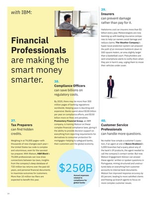 39.
Insurers
can prevent damage
rather than pay for it.
38.
Compliance Ofﬁcers
can save billions on
regulatory costs.
40.
Customer Service
Professionals
can handle more questions.
37.
Tax Preparers
can ﬁnd hidden
credits.
Weighing in at 74,000 pages—with
thousands of new changes each year—
the United States tax code is complex
and voluminous, even for the savviest
tax preparer. With Watson, H&R Block’s
70,000 professionals can now draw
connections between tax laws, insights
from the company’s deep database of
720 million tax returns over the past 60
years, and personal ﬁnancial documents
to maximize outcomes for customers.
More than 10 million tax ﬁlers are
expected to beneﬁt this year.
Hailstorms cost car insurers more than $1
billion every year. Meteorologists are now
teaming up with leading insurance compa-
nies to help car owners avoid damage and
reduce claims. The Weather Company’s
hyper-local prediction system can pinpoint
the path of an imminent hailstorm down to
500 square meters, an area slightly larger
than a basketball court. Policyholders are
sent smartphone alerts to notify them when
they are in harm’s way, urging them to move
their vehicles under cover.
By 2020, there may be more than 300
million pages of banking regulations
worldwide. Keeping pace is daunting and
expensive: Banks spend about $100 billion
per year on compliance efforts, and $150
billion more on ﬁnes and penalties.
Promontory Financial Group, an IBM
company, is training Watson on these
complex ﬁnancial compliance laws, giving it
the ability to provide decision support on
everything from reporting requirements for
derivatives to consumer protection for
mortgages—helping to safeguard banks,
their customers and the global economy.
Financial
Professionals
are making the
smart money
smarter.
with IBM:
No matter how simple a customer’s ques-
tion, if an agent at one of Banco Bradesco’s
5,000 branches had a query about any of
the bank’s 59 products, the agent needed to
call the company’s contact center. But now
Watson Engagement Advisor can answer
these agents’ written or spoken questions in
Portuguese, mining structured and unstruc-
tured data on everything from customer
accounts to internal bank documents.
Watson has improved response accuracy by
85 percent, leading to more satisﬁed clients
and freeing up branch agents to focus on
more complex customer issues.
$250BAnnual expenses
related to
compliance for
global banks
14
 