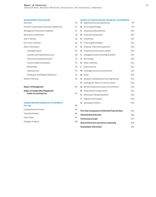 25Report of Financials
International Business Machines Corporation and Subsidiary Companies
MANAGEMENT DISCUSSION
Overview 26
Forward-Looking and Cautionary Statements 27
Management Discussion Snapshot 27
Description of Business 30
Year in Review 36
Prior Year in Review 56
Other Information 67
Looking Forward 67
Liquidity and Capital Resources 68
Critical Accounting Estimates 71
Currency Rate Fluctuations 74
Market Risk 74
Cybersecurity 75
Employees and Related Workforce 76
Global Financing 76
Report of Management 82
Report of Independent Registered
Public Accounting Firm 83
CONSOLIDATED FINANCIAL STATEMENTS
Earnings 84
Comprehensive Income 85
Financial Position 86
Cash Flows 87
Changes in Equity 88
NOTES TO CONSOLIDATED FINANCIAL STATEMENTS
A Significant Accounting Policies 90
B Accounting Changes 99
C Acquisitions/Divestitures 101
D Financial Instruments 107
E Inventories 114
F Financing Receivables 114
G Property, Plant and Equipment 118
H Investments and Sundry Assets 119
I Intangible Assets Including Goodwill 119
J Borrowings 120
K Other Liabilities 123
L Equity Activity 123
M Contingencies and Commitments 127
N Taxes 129
O Research, Development and Engineering 132
P Earnings Per Share of Common Stock 132
Q Rental Expense and Lease Commitments 133
R Stock-Based Compensation 133
S Retirement-Related Benefits 136
T Segment Information 150
U Subsequent Events 154
Five-Year Comparison of Selected Financial Data 155
Selected Quarterly Data 156
Performance Graph 157
Board of Directors and Senior Leadership 158
Stockholder Information 159
 