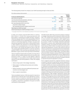 28 Management Discussion
International Business Machines Corporation and Subsidiary Companies
The following table provides the company’s (non-GAAP) operating earnings for 2016 and 2015
($ in millions except per share amounts)
For the year ended December 31: 2016 2015
Yr.-to-Yr.
Percent
Change
Net income as reported $11,872 $13,190 (10.0)%
Loss from discontinued operations, net of tax (9) (174) (95.1)
Income from continuing operations $11,881 $13,364 (11.1)%
Non-operating adjustments (net of tax)
Acquisition-related charges 735 562 30.9
Non-operating retirement-related costs/(income) 415 734 (43.5)
Operating (non-GAAP) earnings* $13,031 $14,659 (11.1)%
Diluted operating (non-GAAP) earnings per share $ 13.59 $ 14.92 (8.9)%
* See pages 48 and 49 for a more detailed reconciliation of net income to operating earnings.
In 2016, the company reported $79.9 billion in revenue,
$11.9 billion in income from continuing operations and
$13.0 billion in operating (non-GAAP) earnings, resulting in
diluted earnings per share from continuing operations of $12.39
as reported and $13.59 on an operating (non-GAAP) basis. The
results of continuing operations exclude a net loss from
discontinued operations of $9 million in 2016 and $174 million
in 2015 related to the divestiture of the Microelectronics
business. On a consolidated basis, net income in 2016 was
$11.9 billion, with diluted earnings per share of $12.38.
The company generated $17.0 billion in cash from operations
and $11.6 billion in free cash flow and shareholder returns of
$8.8 billion in gross common stock repurchases and dividends.
There are significant opportunities and shifts occurring in the IT
industry, and the company believes that to be successful with
enterprise clients, it needs to bring together cognitive
technologies on cloud platforms that create industry-based
solutions to solve real-world problems. In 2016, the company
continued to:
• Deliver strong results in the strategic imperatives;
• Make progress in building new businesses and creating
new markets;
• Deliver innovation in the more traditional businesses and
monetize core technologies; and
• Return capital to shareholders.
Total consolidated revenue in 2016 decreased 2.2 percent as
reported and 1.6 percent year to year adjusted for currency.
Annuity revenue increased as reported and adjusted for
currency while transactional revenue declined year to year.
In addition, acquisitions completed in the past 12 months
contributed to revenue growth.
The 2016 results reflect the success the company is having in
its strategic imperatives and the investments made to drive that
shift. The company had continued strong revenue growth
in cloud, analytics and engagement, which together grew
13 percent year to year as reported and 14 percent adjusted
for currency. In 2016, the strategic imperatives generated
$32.8 billion in revenue, which represented 41 percent of the
company’s revenue, an increase of 6 points from 2015. Total
Cloud revenue of $13.7 billion increased 35 percent both as
reported and adjusted for currency, with cloud as-a-Service
revenue up 55 percent as reported and 57 percent adjusted for
currency. The company exited 2016 with an annual run rate for
cloud as-a-Service revenue of $8.6 billion, up from $5.3 billion
at the end of 2015. Analytics revenue of $19.5 billion increased
9 percent as reported and adjusted for currency. Mobile revenue
increased 34 percent year to year as reported (35 percent
adjusted for currency) and Security revenue increased 13 percent
as reported (14 percent adjusted for currency).
From a segment perspective, Cognitive Solutions revenue
increased 1.9 percent as reported and 3 percent adjusted for
currency with growth in Solutions Software, led by an increase
in Analytics and Security revenue; partially offset by a decline
in Transaction Processing Software. Global Business Services
(GBS) revenue decreased 2.7 percent as reported and 3 percent
adjusted for currency primarily driven by a decline in Consulting
revenue. Revenue performance continued to be impacted by the
company’s shift away from traditional businesses, such as ERP
implementations. GBS strategic imperatives revenue had
double-digit growth year to year as reported and adjusted for
currency. Technology Services & Cloud Platforms revenue
increased 0.6 percent as reported and 1 percent adjusted for
currency led by growth in Infrastructure Services as the
company assists clients in modernizing and transforming their
infrastructures. Technology Services & Cloud Platforms strategic
imperatives revenue was up 39 percent (40 percent adjusted for
currency) year to year. Systems revenue decreased 19.2 percent
(19 percent adjusted for currency) with z Systems down
27.1 percent (27 percent adjusted for currency) and Power
Systems down 27.1 percent (27 percent adjusted for currency).
 