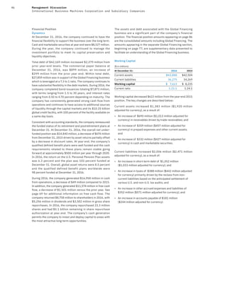 46 Management Discussion
International Business Machines Corporation and Subsidiary Companies
Financial Position
Dynamics
At December 31, 2016, the company continued to have the
financial flexibility to support the business over the long term.
Cash and marketable securities at year end were $8,527 million.
During the year, the company continued to manage the
investment portfolio to meet its capital preservation and
liquidity objectives.
Total debt of $42,169 million increased $2,279 million from
prior year-end levels. The commercial paper balance at
December 31, 2016, was $899 million, an increase of
$299 million from the prior year end. Within total debt,
$27,859 million was in support of the Global Financing business
which is leveraged at a 7.3 to 1 ratio. The company continues to
have substantial flexibility in the debt markets. During 2016, the
company completed bond issuances totaling $7,873 million,
with terms ranging from 1.5 to 30 years, and interest rates
ranging from 0.50 to 4.70 percent depending on maturity. The
company has consistently generated strong cash flow from
operations and continues to have access to additional sources
of liquidity through the capital markets and its $10.25 billion
global credit facility, with 100 percent of the facility available on
a same day basis.
Consistent with accounting standards, the company remeasured
the funded status of its retirement and postretirement plans at
December 31. At December 31, 2016, the overall net under-
funded position was $14,840 million, a decrease of $674 million
from December 31, 2015 driven by asset returns partially offset
by a decrease in discount rates. At year end, the company’s
qualified defined benefit plans were well funded and the cash
requirements related to these plans remain stable going
forward at approximately $500 million per year through 2020.
In 2016, the return on the U.S. Personal Pension Plan assets
was 6.2 percent and the plan was 102 percent funded at
December 31. Overall, global asset returns were 8.5 percent
and the qualified defined benefit plans worldwide were
98 percent funded at December 31, 2016.
During 2016, the company generated $16,958 million in cash
from operations, a decrease of $49 million compared to 2015.
In addition, the company generated $11,574 million in free cash
flow, a decrease of $1,501 million versus the prior year. See
page 69 for additional information on free cash flow. The
company returned $8,758 million to shareholders in 2016, with
$5,256 million in dividends and $3,502 million in gross share
repurchases. In 2016, the company repurchased 23.3 million
shares and had $5.1 billion remaining in share repurchase
authorization at year end. The company’s cash generation
permits the company to invest and deploy capital to areas with
the most attractive long-term opportunities.
The assets and debt associated with the Global Financing
business are a significant part of the company’s financial
position. The financial position amounts appearing on page 86
are the consolidated amounts including Global Financing. The
amounts appearing in the separate Global Financing section,
beginning on page 77, are supplementary data presented to
facilitate an understanding of the Global Financing business.
Working Capital
($ in millions)
At December 31: 2016 2015
Current assets $43,888 $42,504
Current liabilities 36,275 34,269
Working capital $ 7,613 $ 8,235
Current ratio 1.21:1 1.24:1
Working capital decreased $622 million from the year-end 2015
position. The key changes are described below:
Current assets increased $1,383 million ($1,920 million
adjusted for currency), as a result of:
• An increase of $690 million ($1,013 million adjusted for
currency) in receivables driven by trade receivables; and
• An increase of $359 million ($457 million adjusted for
currency) in prepaid expenses and other current assets;
and
• An increase of $332 million ($427 million adjusted for
currency) in cash and marketable securities.
Current liabilities increased $2,006 million ($2,471 million
adjusted for currency), as a result of:
• An increase in short-term debt of $1,052 million
($1,033 million adjusted for currency); and
• An increase in taxes of $388 million ($442 million adjusted
for currency) primarily driven by the reclass from non-
current liabilities based on the anticipated settlement of
various U.S. and non-U.S. tax audits; and
• An increase in other accrued expenses and liabilities of
$352 million ($571 million adjusted for currency); and
• An increase in accounts payable of $181 million
($244 million adjusted for currency).
 