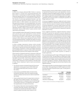 57Management Discussion
International Business Machines Corporation and Subsidiary Companies
Snapshot
In 2015, the company delivered $81.7 billion in revenue,
$13.4 billion in income from continuing operations and
$14.7 billion in operating (non-GAAP) earnings resulting in
diluted earnings per share from continuing operations of $13.60
as reported and $14.92 on an operating (non-GAAP) basis.
The results of continuing operations exclude a net loss
from discontinued operations of $174 million in 2015 and
$3,729 million in 2014 related to the divestiture of the
Microelectronics business. On a consolidated basis, net income
in 2015 was $13.2 billion, with diluted earnings per share of
$13.42. The company generated $17.0 billion in cash from
operations and $13.1 billion in free cash flow in 2015 driving
shareholder returns of $9.5 billion in gross common stock
repurchases and dividends.
Total consolidated revenue decreased 11.9 percent as reported
and 1 percent year to year adjusted for currency and the
divestitures of the System x and customer care businesses.
Currency had an 8 point, or $7.2 billion, impact on reported
revenue in 2015. Revenue was impacted by 3 points in 2015
from the divested businesses. Combined, the impact of currency
and divested businesses reduced the reported revenue growth
by 11 points.
In 2015, strategic imperatives revenue, which includes
analytics, cloud, mobile, social and security, grew 17 percent
year to year as reported and 26 percent adjusted for currency
and the System x divestiture. In total, the strategic imperatives
generated $28.9 billion in revenue in 2015, which represented
approximately 35 percent of the company’s total revenue.
Cloud revenue increased 43 percent as reported in 2015 and
57 percent adjusted for currency and the System x divestiture.
In 2015, Cloud revenue was $10.2 billion making the company
the largest cloud provider. Cloud revenue spans across many
different segments. The company leveraged its extensive
relationships in enterprise IT and incumbency in the data center
to help clients implement hybrid cloud environments.
In addition:
• As-a-Service revenue increased 50 percent (61 percent
adjusted for currency) year to year to $4.5 billion and
the company exited 2015 with an annual run rate of
$5.3 billion.
• Cloud revenue included $5.6 billion of revenue from
foundational offerings—where the company provided
software, hardware and services for clients to build their
own clouds.
• Clients utilized cloud not just to reduce costs, but also to
gain agility and to enable innovation. The company has
been leading clients in making the move to cloud through
consuming as-a-Service, or through their own clouds or
the implementation of a hybrid environment.
• The company made seven cloud acquisitions in 2015
including; Cleversafe, Gravitant, and Clearleap. The
company also invested nearly $1 billion in 2015 to
expand its global cloud data center footprint to 46.
Business analytics revenue of $17.9 billion increased 7 percent
as reported and 16 percent year to year adjusted for currency
making the company the largest analytics provider. The company
also moved into new areas including Watson Health and Watson
IoT. In Watson Health, the company is integrating its own organic
capabilities with acquired content, including the acquisition of
Merge Healthcare in 2015.
In the area of engagement (security, mobile and social), revenue
increased 64 percent as reported and 77 percent adjusted for
currency. Security revenue increased 5 percent as reported
(12 percent adjusted for currency), mobile revenue more than
tripled year to year as reported and adjusted for currency and
social revenue increased 14 percent as reported (21 percent
adjusted for currency).
From a segment perspective, Cognitive Solutions revenue
declined 9.4 percent as reported (3 percent adjusted for
currency) with declines in transactional revenue and annuity
revenue. Annuity-based revenue declined as reported, but grew
adjusted for currency, including Software-as-a-Service. GBS
revenue decreased 12.0 percent as reported and 4 percent
adjusted for currency (8 points). Technology Services & Cloud
Platforms revenue declined 9.6 percent as reported, but was
flat year to year adjusted for currency (9 points) and divestitures
with strong growth in the strategic imperatives on both an
as-reported and adjusted basis. Systems revenue decreased
22.3 percent as reported, but increased 4 percent adjusted for
the System x divestiture (22 points) and currency (4 points),
and reflected a successful mainframe cycle in 2015
and the repositioning of Power Systems to address a
broader opportunity.
The consolidated gross profit margin of 49.8 percent decreased
0.2 points year to year. The operating (non-GAAP) gross margin
of 50.8 percent increased 0.2 points compared to 2014 primarily
driven by the shift to higher value through portfolio actions and
the relative strength of z Systems, partially offset by margin
declines in GBS, Technology Services & Cloud Platforms and
Cognitive Solutions.
Total expense and other (income) decreased 6.4 percent in 2015
versus 2014. Total operating (non-GAAP) expense and other
(income) decreased 7.8 percent year to year. The key year-to-
year drivers were:
Total
Consolidated
Operating
(non-GAAP)
• Currency* (9) points (9) points
• System x divestiture (2) points (2) points
• Divestiture gains 6 points 6 points
• Workforce rebalancing (3) points (3) points
* Reflects impacts of translation and hedging programs
 