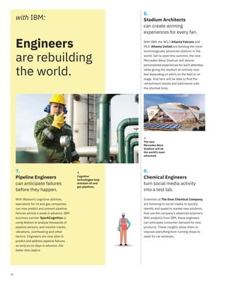 04
9.
Chemical Engineers
turn social media activity
into a test lab.
8.
Stadium Architects
can create winning
experiences for every fan.
With IBM, the NFL’s Atlanta Falcons and
MLS’ Atlanta United are building the most
technologically advanced stadium in the
world. Set to open this summer, the new
Mercedes-Benz Stadium will deliver
personalized experiences for each attendee,
while giving the stadium an entirely new
feel depending on who’s on the ﬁeld or on
stage. And fans will be able to ﬁnd the
refreshment stands and bathrooms with
the shortest lines.
Engineers
are rebuilding
the world.
↑
The new
Mercedes-Benz
Stadium will be
the world’s most
advanced.
Scientists at The Dow Chemical Company
are listening to social media to quickly
identify and speed to market new solutions
that use the company’s advanced polymers.
With analytics from IBM, these engineers
can anticipate consumer demand for new
products. These insights allow them to
improve everything from running shoes to
seals for car windows.
with IBM:
7.
Pipeline Engineers
can anticipate failures
before they happen.
With Watson’s cognitive abilities,
specialists for oil and gas companies
can now predict and prevent pipeline
failures almost a week in advance. IBM
business partner SparkCognition is
using Watson to analyze thousands of
pipeline sensors, and monitor cracks,
vibrations, overheating and other
factors. Engineers are now able to
predict and address pipeline failures
as early as six days in advance, 24x
better than before.
↑
Cognitive
technologies help
maintain oil and
gas pipelines.
 