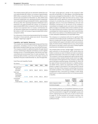 68 Management Discussion
International Business Machines Corporation and Subsidiary Companies
The company expects 2017 pre-tax retirement-related plan cost
to be approximately $2.9 billion, an increase of approximately
$900 million compared to 2016. This estimate reflects current
pension plan assumptions at December 31, 2016. Within total
retirement-related plan cost, operating retirement-related plan
cost is expected to be approximately $1.4 billion, approximately
flat versus 2016. Non-operating retirement-related plan cost is
expected to be approximately $1.5 billion, an increase of
approximately $900 million compared to 2016, driven by lower
income from expected return on assets. Contributions for
all retirement-related plans are expected to be approximately
$2.5 billion in 2017, an increase of approximately $100 million
compared to 2016.
For a discussion of new accounting standards that the company
will adopt in future periods, please see note B, “Accounting
Changes,” beginning on page 99.
Liquidity and Capital Resources
The company has consistently generated strong cash flow from
operations, providing a source of funds ranging between
$16.9 billion and $19.6 billion per year over the past five years.
The company provides for additional liquidity through several
sources: maintaining an adequate cash balance, access to global
funding sources, a committed global credit facility and other
committed and uncommitted lines of credit worldwide. The
following table provides a summary of the major sources of
liquidity for the years ended December 31, 2012 through 2016.
Cash Flow and Liquidity Trends
($ in billions)
2016 2015 2014 2013 2012
Net cash from
operating
activities $ 17.0 $17.0 $16.9 $17.5 $19.6
Cash and
short-term
marketable
securities $ 8.5 $ 8.2 $ 8.5 $11.1 $11.1
Committed
global
credit facility $10.3 $10.0 $10.0 $10.0 $10.0
The major rating agencies’ ratings on the company’s debt
securities at December 31, 2016 appear in the following table
and remain unchanged from December 31, 2015. The company’s
indenture governing its debt securities and its various credit
facilities each contain significant covenants which obligate the
company to promptly pay principal and interest, limit the
aggregate amount of secured indebtedness and sale and
leaseback transactions to 10  percent of the company’s
consolidated net tangible assets, and restrict the company’s
ability to merge or consolidate unless certain conditions are met.
The credit facilities also include a covenant on the company’s
consolidated net interest expense ratio, which cannot be less
than 2.20 to 1.0, as well as a cross default provision with respect
to other defaulted indebtedness of at least $500 million.
The company is in compliance with all of its significant debt
covenants and provides periodic certification to its lenders. The
failure to comply with its debt covenants could constitute an
event of default with respect to the debt to which such provisions
apply. If certain events of default were to occur, the principal
and interest on the debt to which such event of default applied
would become immediately due and payable.
The company does not have “ratings trigger” provisions in its
debt covenants or documentation, which would allow the
holders to declare an event of default and seek to accelerate
payments thereunder in the event of a change in credit rating.
The company’s contractual agreements governing derivative
instruments contain standard market clauses which can trigger
the termination of the agreement if the company’s credit rating
were to fall below investment grade. At December 31, 2016, the
fair value of those instruments that were in a liability position
was $206 million, before any applicable netting, and this
position is subject to fluctuations in fair value period to period
based on the level of the company’s outstanding instruments
and market conditions. The company has no other contractual
arrangements that, in the event of a change in credit rating,
would result in a material adverse effect on its financial position
or liquidity.
Standard
& Poor’s
Moody’s
Investors
Service
Fitch
Ratings
Senior long-term debt AA- Aa3 A+
Commercial paper A-1+ Prime-1 F1
The company prepares its Consolidated Statement of Cash
Flows in accordance with applicable accounting standards for
cash flow presentation on page 87 and highlights causes and
events underlying sources and uses of cash in that format
on page  47. For the purpose of running its business, the
company manages, monitors and analyzes cash flows in
a different format.
 