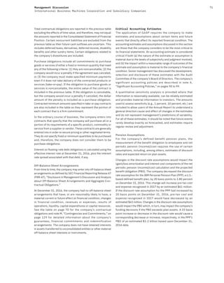 71Management Discussion
International Business Machines Corporation and Subsidiary Companies
Total contractual obligations are reported in the previous table
excluding the effects of time value, and therefore, may not equal
the amounts reported in the Consolidated Statement of Financial
Position. Certain noncurrent liabilities are excluded from the
previous table as their future cash outflows are uncertain. This
includes deferred taxes, derivatives, deferred income, disability
benefits and other sundry items. Certain obligations related to
the company’s divestitures are included.
Purchase obligations include all commitments to purchase
goods or services of either a fixed or minimum quantity that meet
any of the following criteria: (1) they are noncancelable, (2) the
company would incur a penalty if the agreement was canceled,
or (3) the company must make specified minimum payments
even if it does not take delivery of the contracted products or
services (take-or-pay). If the obligation to purchase goods or
services is noncancelable, the entire value of the contract is
included in the previous table. If the obligation is cancelable,
but the company would incur a penalty if canceled, the dollar
amount of the penalty is included as a purchase obligation.
Contracted minimum amounts specified in take-or-pay contracts
are also included in the table as they represent the portion of
each contract that is a firm commitment.
In the ordinary course of business, the company enters into
contracts that specify that the company will purchase all or a
portion of its requirements of a specific product, commodity or
service from a supplier or vendor. These contracts are generally
entered into in order to secure pricing or other negotiated terms.
They do not specify fixed or minimum quantities to be purchased
and, therefore, the company does not consider them to be
purchase obligations.
Interest on floating-rate debt obligations is calculated using the
effective interest rate at December 31, 2016, plus the interest
rate spread associated with that debt, if any.
Off-Balance Sheet Arrangements
From time to time, the company may enter into off-balance sheet
arrangements as defined by SEC Financial Reporting Release 67
(FRR-67), “Disclosure in Management’s Discussion and Analysis
about Off-Balance Sheet Arrangements and Aggregate Con-
tractual Obligations.”
At December 31, 2016, the company had no off-balance sheet
arrangements that have, or are reasonably likely to have, a
material current or future effect on financial condition, changes
in financial condition, revenues or expenses, results of
operations, liquidity, capital expenditures or capital resources.
See the table on page  70 for the company’s contractual
obligations and note M, “Contingencies and Commitments,” on
page  129 for detailed information about the company’s
guarantees, financial commitments and indemnification
arrangements. The company does not have retained interests
in assets transferred to unconsolidated entities or other material
off-balance sheet interests or instruments.
Critical Accounting Estimates
The application of GAAP requires the company to make
estimates and assumptions about certain items and future
events that directly affect its reported financial condition. The
accounting estimates and assumptions discussed in this section
are those that the company considers to be the most critical to
its financial statements. An accounting estimate is considered
critical if both (a) the nature of the estimate or assumption is
material due to the levels of subjectivity and judgment involved,
and (b) the impact within a reasonable range of outcomes of the
estimate and assumption is material to the company’s financial
condition. Senior management has discussed the development,
selection and disclosure of these estimates with the Audit
Committee of the company’s Board of Directors. The company’s
significant accounting policies are described in note  A,
“Significant Accounting Policies,” on pages 90 to 99.
A quantitative sensitivity analysis is provided where that
information is reasonably available, can be reliably estimated
and provides material information to investors. The amounts
used to assess sensitivity (e.g., 1 percent, 10 percent, etc.) are
included to allow users of the Annual Report to understand a
general direction cause and effect of changes in the estimates
and do not represent management’s predictions of variability.
For all of these estimates, it should be noted that future events
rarely develop exactly as forecasted, and estimates require
regular review and adjustment.
Pension Assumptions
For the company’s defined benefit pension plans, the
measurement of the benefit obligation to employees and net
periodic pension (income)/cost requires the use of certain
assumptions, including, among others, estimates of discount
rates and expected return on plan assets.
Changes in the discount rate assumptions would impact the
(gain)/loss amortization and interest cost components of the net
periodic pension (income)/cost calculation and the projected
benefit obligation (PBO). The company decreased the discount
rate assumption for the IBM Personal Pension Plan (PPP), a U.S.-
based defined benefit plan, by 20 basis points to 3.80 percent
on December 31, 2016. This change will increase pre-tax cost
and expense recognized in 2017 by an estimated $61 million.
If the discount rate assumption for the PPP had increased by
20 basis points on December 31, 2016, pre-tax cost and
expense recognized in 2017 would have decreased by an
estimated $63 million. Changes in the discount rate assumptions
would impact the PBO which, in turn, may impact the company’s
funding decisions if the PBO exceeds plan assets. A 25 basis
point increase or decrease in the discount rate would cause a
corresponding decrease or increase, respectively, in the PPP’s
PBO of an estimated $1.2 billion based upon December 31,
2016 data.
 