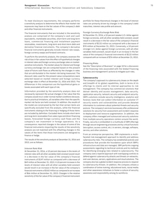75Management Discussion
International Business Machines Corporation and Subsidiary Companies
To meet disclosure requirements, the company performs
a sensitivity analysis to determine the effects that market risk
exposures may have on the fair values of the company’s debt
and other financial instruments.
The financial instruments that are included in the sensitivity
analysis are comprised of the company’s cash and cash
equivalents, marketable securities, short-term and long-term
loans, commercial financing and installment payment
receivables, investments, long-term and short-term debt and
derivative financial instruments. The company’s derivative
financial instruments generally include interest rate swaps,
foreign currency swaps and forward contracts.
To perform the sensitivity analysis, the company assesses the
risk of loss in fair values from the effect of hypothetical changes
in interest rates and foreign currency exchange rates on market-
sensitive instruments. The market values for interest and foreign
currency exchange risk are computed based on the present
value of future cash flows as affected by the changes in rates
that are attributable to the market risk being measured. The
discount rates used for the present value computations were
selected based on market interest and foreign currency
exchange rates in effect at December 31, 2016 and 2015. The
differences in this comparison are the hypothetical gains or
losses associated with each type of risk.
Information provided by the sensitivity analysis does not
necessarily represent the actual changes in fair value that the
company would incur under normal market conditions because,
due to practical limitations, all variables other than the specific
market risk factor are held constant. In addition, the results of
the model are constrained by the fact that certain items are
specifically excluded from the analysis, while the financial
instruments relating to the financing or hedging of those items
are included by definition. Excluded items include short-term
and long-term receivables from sales-type and direct financing
leases, forecasted foreign currency cash flows and the
company’s net investment in foreign operations. As a
consequence, reported changes in the values of some of the
financial instruments impacting the results of the sensitivity
analysis are not matched with the offsetting changes in the
values of the items that those instruments are designed to
finance or hedge.
The results of the sensitivity analysis at December 31, 2016 and
2015, are as follows:
Interest Rate Risk
At December 31, 2016, a 10 percent decrease in the levels of
interest rates with all other variables held constant would result
in a decrease in the fair value of the company’s financial
instruments of $147 million as compared with a decrease of
$69 million at December 31, 2015. A 10 percent increase in the
levels of interest rates with all other variables held constant
would result in an increase in the fair value of the company’s
financial instruments of $142 million as compared to an increase
of $66 million at December 31, 2015. Changes in the relative
sensitivity of the fair value of the company’s financial instrument
portfolio for these theoretical changes in the level of interest
rates are primarily driven by changes in the company’s debt
maturities, interest rate profile and amount.
Foreign Currency Exchange Rate Risk
At December 31, 2016, a 10 percent weaker U.S. dollar against
foreign currencies, with all other variables held constant, would
result in a decrease in the fair value of the company’s financial
instruments of $132 million as compared with a decrease of
$74 million at December 31, 2015. Conversely, a 10 percent
stronger U.S. dollar against foreign currencies, with all other
variables held constant, would result in an increase in the fair
value of the company’s financial instruments of $132 million
compared with an increase of $74 million at December 31, 2015.
Financing Risks
See the “Description of Business” on page 34 for a discussion
of the financing risks associated with the Global Financing
business and management’s actions to mitigate such risks.
Cybersecurity
The company’s approach to cybersecurity draws on the depth
and breadth of its global capabilities, both in terms of its
offerings to clients and its internal approaches to risk
management. The company has commercial solutions that
deliver identity and access management, data security,
application security, network security and endpoint security.
IBM’s solutions include security intelligence, analytics and
forensic tools that can collect information on customer IT
security events and vulnerabilities and provide detailed
information to customers about potential threats and security
posture. The company’s services businesses offer professional
solutions for security from assessment and incident response
to deployment and resource augmentation. In addition, the
company offers managed and outsourced security solutions
from multiple security operations centers around the world.
Finally, security is embedded in a multitude of IBM offerings
through secure engineering processes and by critical functions
(encryption, access control, etc.) in servers, storage, software,
service, and other solutions.
From an enterprise perspective, IBM implements a multi-
faceted risk-management approach to identify and address
cybersecurity risks. The company has established policies and
procedures that provide the foundation upon which IBM’s
infrastructure and data are managed. IBM performs ongoing
assessments regarding its technical controls and its methods
for identifying emerging risks related to cybersecurity. The
company uses a layered approach with overlapping controls to
defend against cybersecurity attacks and threats on networks,
end-user devices, servers, applications and cloud solutions. The
company also has a global incident response process to respond
to cybersecurity threats. In addition, the company utilizes a
combination of online training, educational tools, social media
and other awareness initiatives to foster a culture of security
awareness and responsibility among its workforce.
 