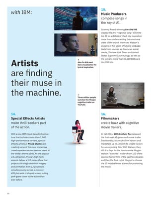 06
15.
Music Producers
compose songs in
the key of AI.
with IBM:
Grammy Award-winning Alex Da Kid
created the ﬁrst “cognitive song” to hit the
top 10 on a Billboard chart. His inspiration
came from understanding the emotional
state of the world, thanks to Watson’s
analysis of ﬁve years of natural language
texts from sources as diverse as social
media, The New York Times and United
States Supreme Court rulings, as well as
the lyrics to more than 26,000 Billboard
Hot 100 hits.
Artists
are ﬁnding
their muse in
the machine. →
Three million people
watched the Morgan
cognitive trailer on
YouTube.
↑
Alex Da Kid used
data visualization for
lyrical inspiration.
16.
Filmmakers
create buzz with cognitive
movie trailers.
In fall 2016, 20th Century Fox released
the ﬁrst-ever AI-generated movie trailer.
Traditionally, it can take ﬁlm editors and
marketers up to a month to create trailers
for an upcoming ﬁlm. With Watson, they
did it in days for the horror movie Morgan.
Watson “watched” trailers from 100 of the
scariest horror ﬁlms of the past few decades
and then the ﬁnal cut of Morgan to choose
the 10 most relevant scenes for promoting
the movie.
14.
Special Effects Artists
make thrill-seekers part
of the action.
With a new IBM Cloud-based infrastruc-
ture that includes more than 1,000
high-performance servers, special
effects artists at Prana Studios are
creating some of the most immersive
crowd experiences ever seen or heard at
the world’s theme parks. At one popular
U.S. attraction, Prana’s high-tech
wizards deliver a 3-D stereo show that
projects ultra-high deﬁnition imagery
and animation from 12 projectors
simultaneously across a massive
400-foot-wide U-shaped screen, pulling
park-goers closer to the action than
ever before.
 
