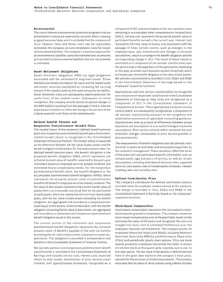 95Notes to Consolidated Financial Statements
International Business Machines Corporation and Subsidiary Companies
Environmental
The cost of internal environmental protection programs that are
preventative in nature are expensed as incurred. When a cleanup
program becomes likely, and it is probable that the company will
incur cleanup costs and those costs can be reasonably
estimated, the company accrues remediation costs for known
environmental liabilities. The company’s maximum exposure for
all environmental liabilities cannot be estimated and no amounts
are recorded for environmental liabilities that are not probable
or estimable.
Asset Retirement Obligations
Asset retirement obligations (ARO) are legal obligations
associated with the retirement of long-lived assets. These
liabilities are initially recorded at fair value and the related asset
retirement costs are capitalized by increasing the carrying
amount of the related assets by the same amount as the liability.
Asset retirement costs are subsequently depreciated over the
useful lives of the related assets. Subsequent to initial
recognition, the company records period-to-period changes in
the ARO liability resulting from the passage of time in interest
expense and revisions to either the timing or the amount of the
original expected cash flows to the related assets.
Defined Benefit Pension and
Nonpension Postretirement Benefit Plans
The funded status of the company’s defined benefit pension
plans and nonpension postretirement benefit plans (retirement-
related benefit plans) is recognized in the Consolidated
Statement of Financial Position. The funded status is measured
as the difference between the fair value of plan assets and the
benefit obligation at December 31, the measurement date. For
defined benefit pension plans, the benefit obligation is the
projected benefit obligation (PBO), which represents the
actuarial present value of benefits expected to be paid upon
retirement based on employee services already rendered and
estimated future compensation levels. For the nonpension
postretirement benefit plans, the benefit obligation is the
accumulated postretirement benefit obligation (APBO), which
represents the actuarial present value of postretirement
benefits attributed to employee services already rendered. The
fair value of plan assets represents the current market value of
assets held in an irrevocable trust fund, held for the sole benefit
of participants, which are invested by the trust fund. Overfunded
plans, with the fair value of plan assets exceeding the benefit
obligation, are aggregated and recorded as a prepaid pension
asset equal to this excess. Underfunded plans, with the benefit
obligation exceeding the fair value of plan assets, are aggregated
and recorded as a retirement and nonpension postretirement
benefit obligation equal to this excess.
The current portion of the retirement and nonpension
postretirement benefit obligations represents the actuarial
present value of benefits payable in the next 12 months
exceeding the fair value of plan assets, measured on a plan-by-
plan basis. This obligation is recorded in compensation and
benefits in the Consolidated Statement of Financial Position.
Net periodic pension and nonpension postretirement benefit
cost/(income) is recorded in the Consolidated Statement of
Earnings and includes service cost, interest cost, expected
return on plan assets, amortization of prior service costs/
(credits) and (gains)/losses previously recognized as a
component of OCI and amortization of the net transition asset
remaining in accumulated other comprehensive income/(loss)
(AOCI). Service cost represents the actuarial present value of
participant benefits earned in the current year. Interest cost
represents the time value of money cost associated with the
passage of time. Certain events, such as changes in the
employee base, plan amendments and changes in actuarial
assumptions, result in a change in the benefit obligation and the
corresponding change in OCI. The result of these events is
amortized as a component of net periodic cost/(income) over
the service lives or life expectancy of the participants, depending
on the plan, provided such amounts exceed thresholds which
are based upon the benefit obligation or the value of plan assets.
Net periodic cost/(income) is recorded in Cost, SG&A and RD&E
in the Consolidated Statement of Earnings based on the
employees’ respective functions.
(Gains)/losses and prior service costs/(credits) not recognized
as a component of net periodic cost/(income) in the Consolidated
Statement of Earnings as they arise are recognized as a
component of OCI in the Consolidated Statement of
Comprehensive Income. Those (gains)/losses and prior service
costs/(credits) are subsequently recognized as a component of
net periodic cost/(income) pursuant to the recognition and
amortization provisions of applicable accounting guidance.
(Gains)/losses arise as a result of differences between actual
experience and assumptions or as a result of changes in actuarial
assumptions. Prior service costs/(credits) represent the cost
of benefit changes attributable to prior service granted in
plan amendments.
The measurement of benefit obligations and net periodic cost/
(income) is based on estimates and assumptions approved by
the company’s management. These valuations reflect the terms
of the plans and use participant-specific information such as
compensation, age and years of service, as well as certain
assumptions, including estimates of discount rates, expected
return on plan assets, rate of compensation increases, interest
crediting rates and mortality rates.
Defined Contribution Plans
The company’s contribution for defined contribution plans is
recorded when the employee renders service to the company.
The charge is recorded in Cost, SG&A and RD&E in the
Consolidated Statement of Earnings based on the employees’
respective functions.
Stock-Based Compensation
Stock-based compensation represents the cost related to stock-
based awards granted to employees. The company measures
stock-based compensation cost at the grant date, based on the
estimated fair value of the award and recognizes the cost on a
straight-line basis (net of estimated forfeitures) over the
employee requisite service period. The company grants its
employees Restricted Stock Units (RSUs), including Retention
Restricted Stock Units (RRSUs) and Performance Share Units
(PSUs) and periodically grants stock options. RSUs are stock
awards granted to employees that entitle the holder to shares
of common stock as the award vests, typically over a one- to
five-year period. The fair value of the awards is determined and
fixed on the grant date based on the company’s stock price,
adjusted for the exclusion of dividend equivalents. The company
estimates the fair value of stock options using a Black-Scholes
 