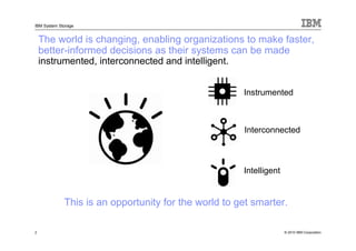IBM System Storage


    The world is changing, enabling organizations to make faster,
    better-informed decisions as their systems can be made
    instrumented, interconnected and intelligent.


                                                      Instrumented



                                                      Interconnected



                                                      Intelligent


             This is an opportunity for the world to get smarter.

2                                                                   © 2010 IBM Corporation
 