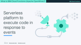 Index 2018
IBM Cloud Functions
bit.ly/serverless-index bit.ly/index-accounts
What is IBM Cloud Functions (Apache OpenWhisk...