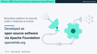 Index 2018
IBM Cloud Functions
bit.ly/serverless-index bit.ly/index-accounts
Developed as 
open source software
via Apache Foundation
openwhisk.org
Serverless platform to execute
code in response to events
What is IBM Cloud Functions (Apache OpenWhisk)?
 