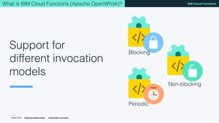 Index 2018
IBM Cloud Functions
bit.ly/serverless-index bit.ly/index-accounts
Non-blocking
Blocking
Periodic
Support for
di...