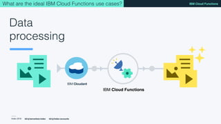 Index 2018
IBM Cloud Functions
bit.ly/serverless-index bit.ly/index-accounts
Data
processing
Openwhisk
IBM Cloudant
What are the ideal IBM Cloud Functions use cases?
IBM Cloud Functions
 