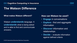What makes Watson different?
Watson understands language. It
understands what is being asked
and is able to find and communicate
answers.
How can Watson be used?
•  Engage in conversations
•  Explore - find and aggregate
information
•  Discover information and
relationships
•  Decide - evaluate information
against defined criteria
The Watson Difference
© 2015 International Business Machines Corporation
Cognitive Computing in Insurance
 