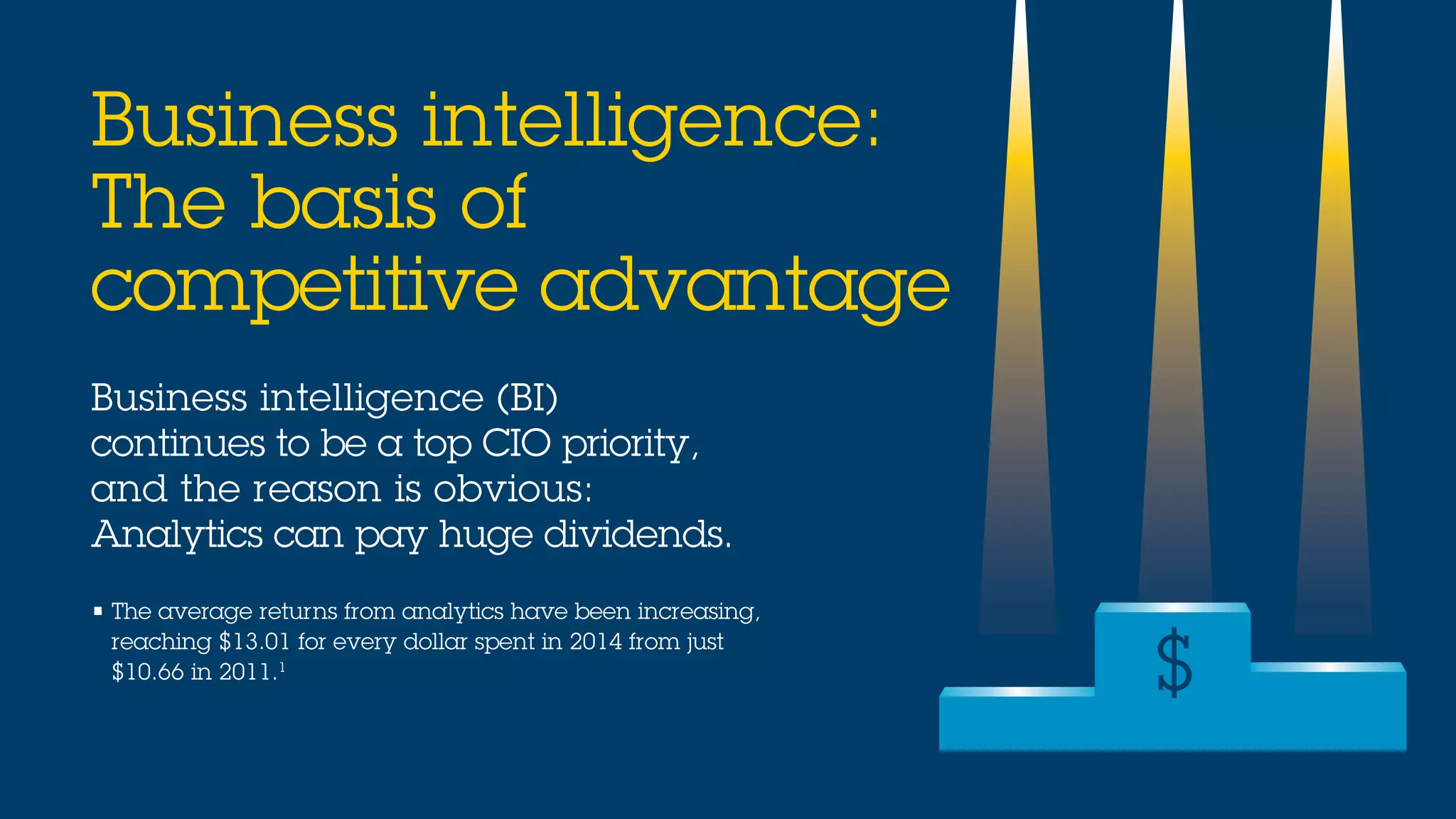 Business intelligence (BI)
continues to be a top CIO priority,
and the reason is obvious:
Analytics can pay huge dividends.
• The average returns from analytics have been increasing,
reaching $13.01 for every dollar spent in 2014 from just
$10.66 in 2011.1
Business intelligence:
The basis of
competitive advantage
$
 