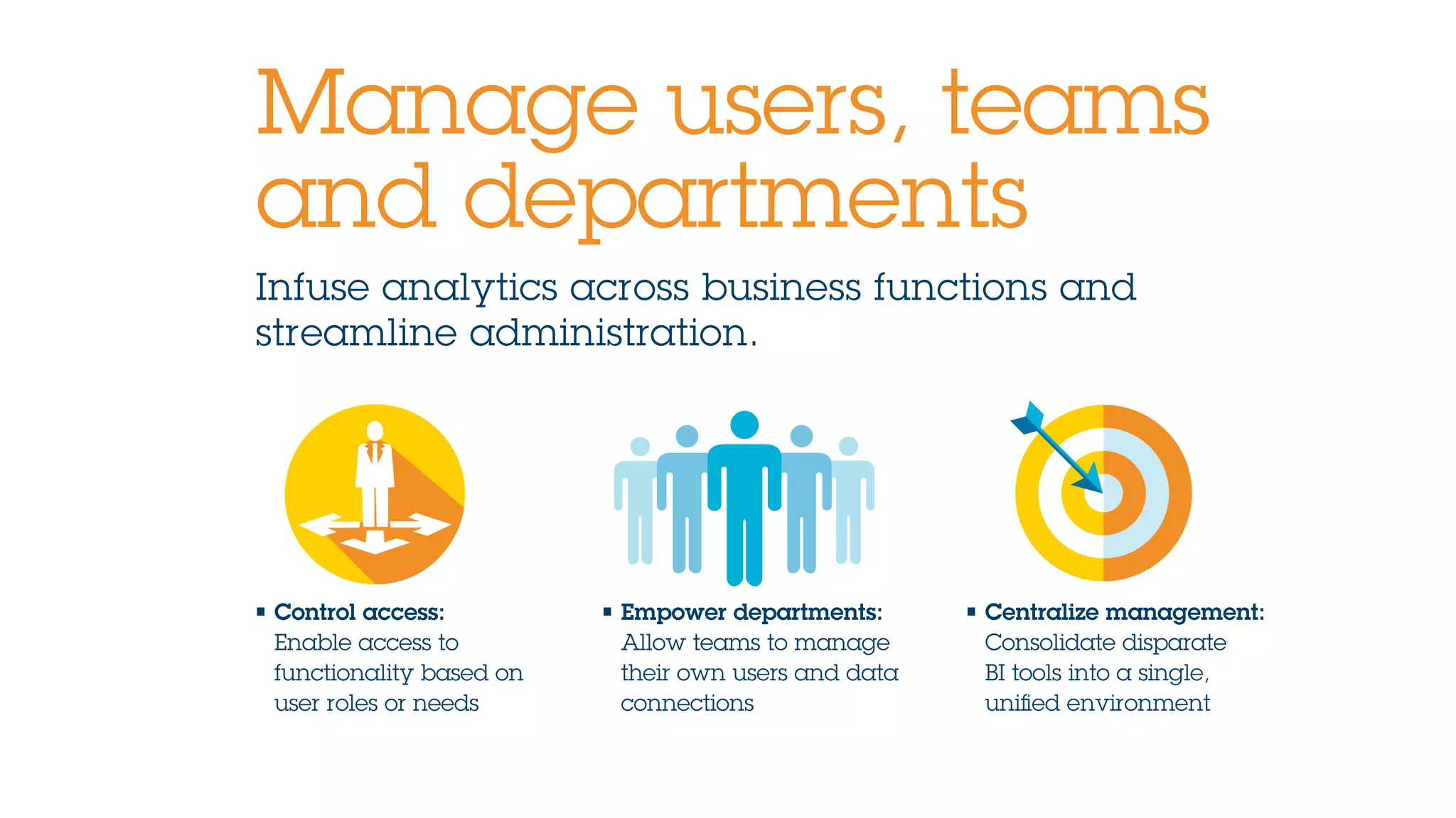 Infuse analytics across business functions and
streamline administration.
Manage users, teams
and departments
• Control access:
Enable access to
functionality based on
user roles or needs
• Empower departments:
Allow teams to manage
their own users and data
connections
• Centralize management:
Consolidate disparate
BI tools into a single,
unified environment
 