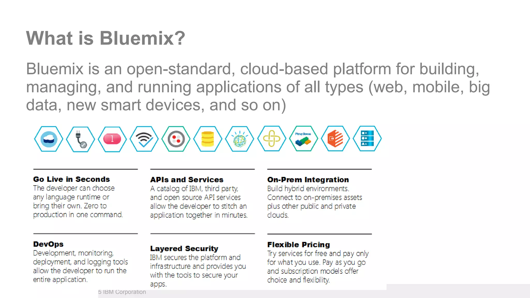 ICS.UG 2015 – Bremen © 2015 IBM Corporation
What is Bluemix?
Bluemix is an open-standard, cloud-based platform for building,
managing, and running applications of all types (web, mobile, big
data, new smart devices, and so on)
 
