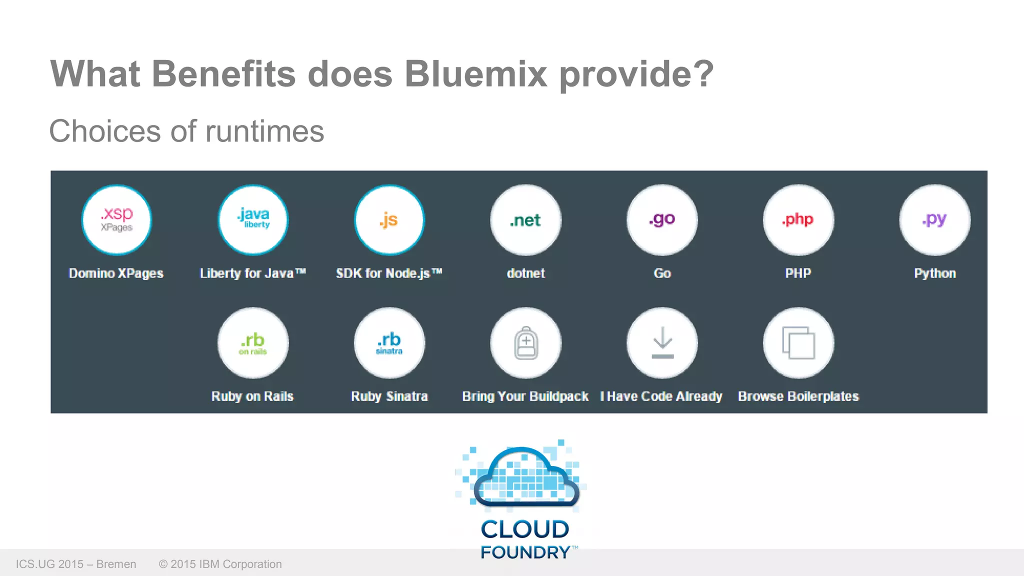 ICS.UG 2015 – Bremen © 2015 IBM Corporation
What Benefits does Bluemix provide?
Choices of runtimes
 