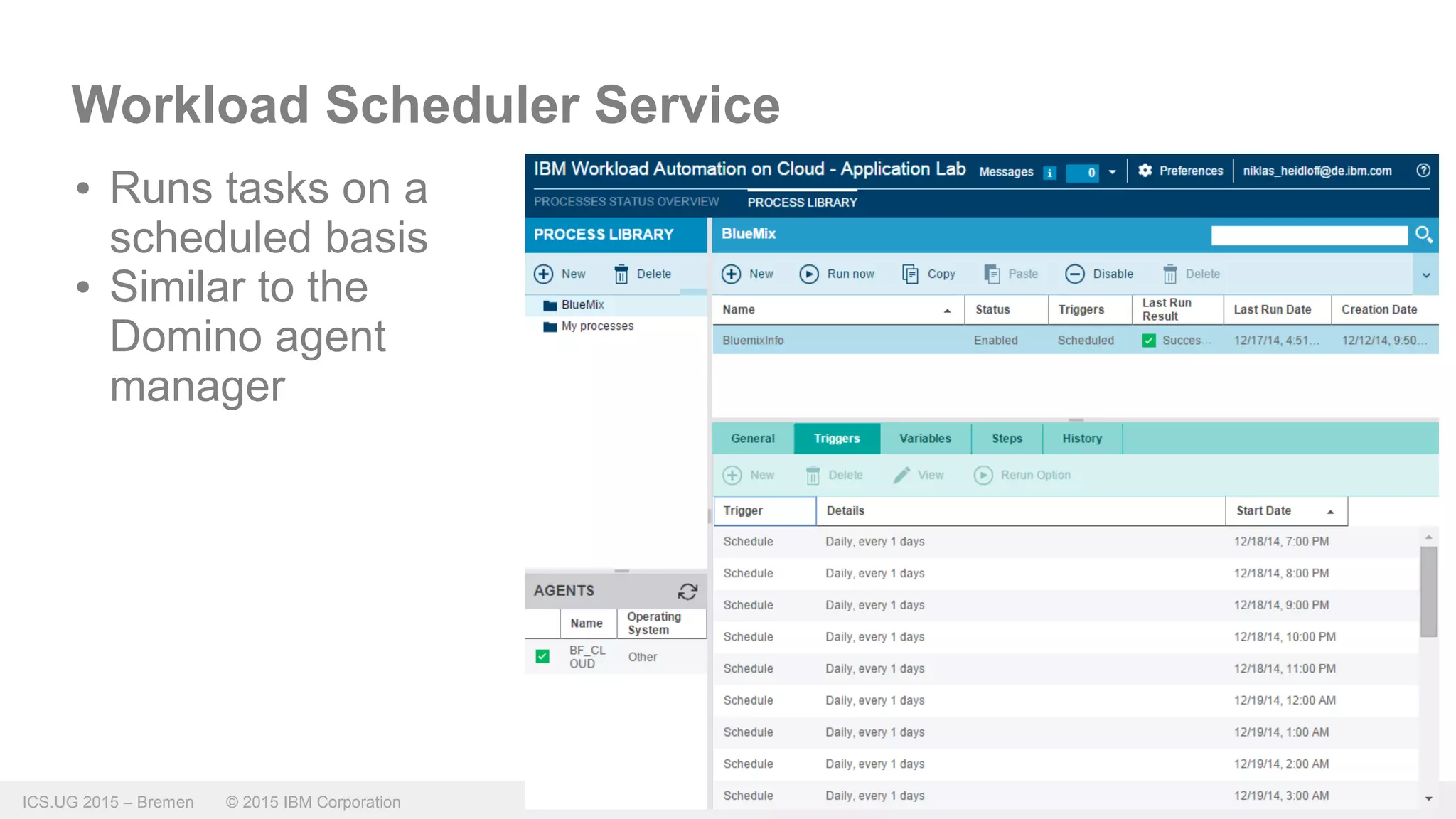 ICS.UG 2015 – Bremen © 2015 IBM Corporation
Workload Scheduler Service
● Runs tasks on a
scheduled basis
● Similar to the
Domino agent
manager
 
